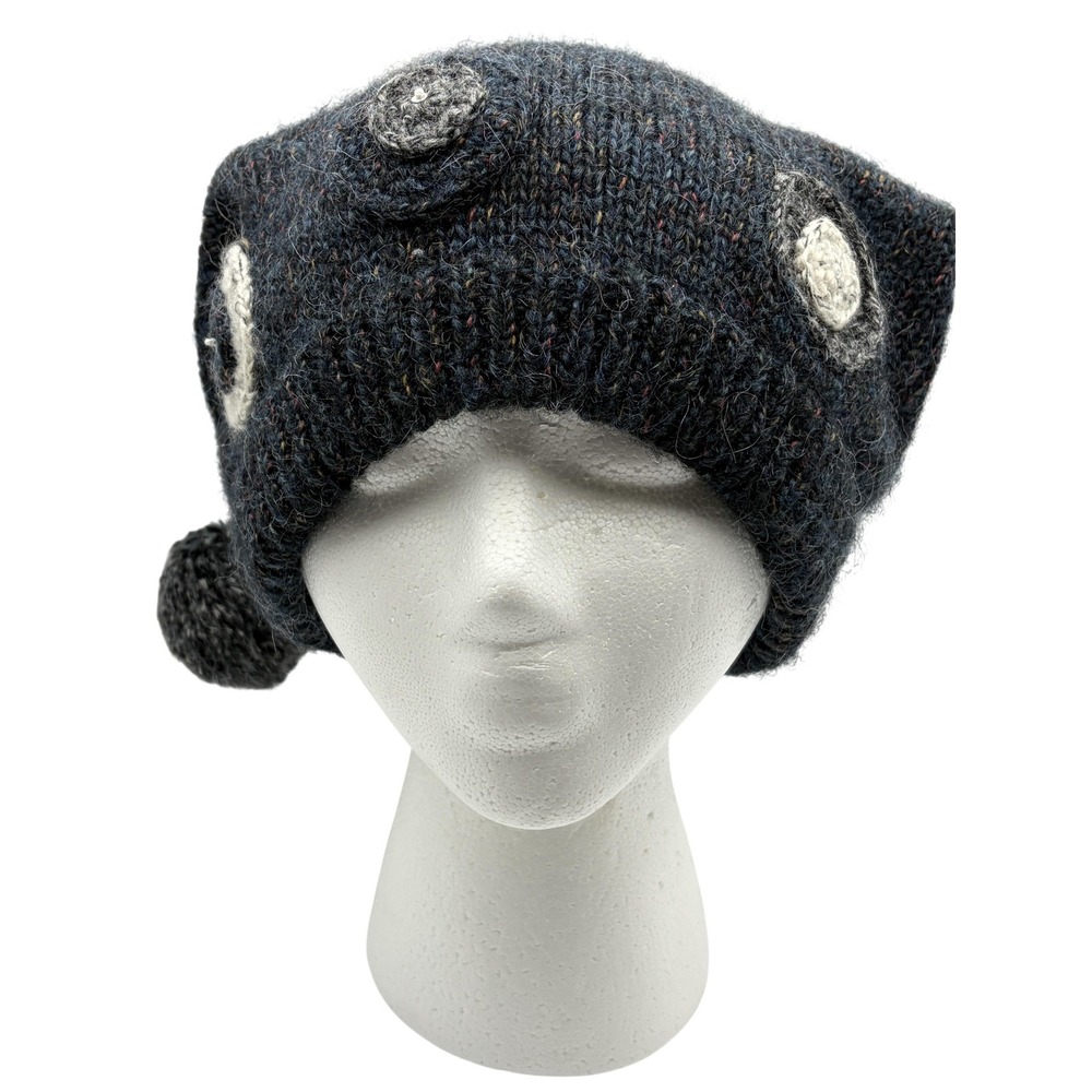 Annabel Ingall Hat Beanie Slouch Womens One Size Gray Knit Crochet Pom Pom